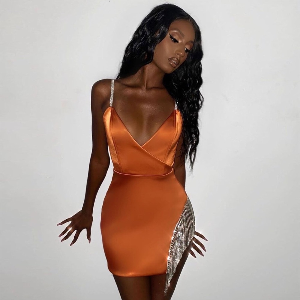 High Maintenance Satin Embellished Mini Dress in Rust